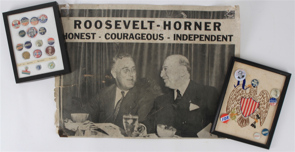 1930s-40s Franklin Delano Roosevelt 32nd President of the United States Memorabilia - Lot of 25 w/ Pinbacks and 16" x 23" Campaign Poster 