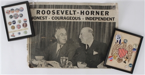 1930s-40s Franklin Delano Roosevelt 32nd President of the United States Memorabilia - Lot of 25 w/ Pinbacks and 16" x 23" Campaign Poster 
