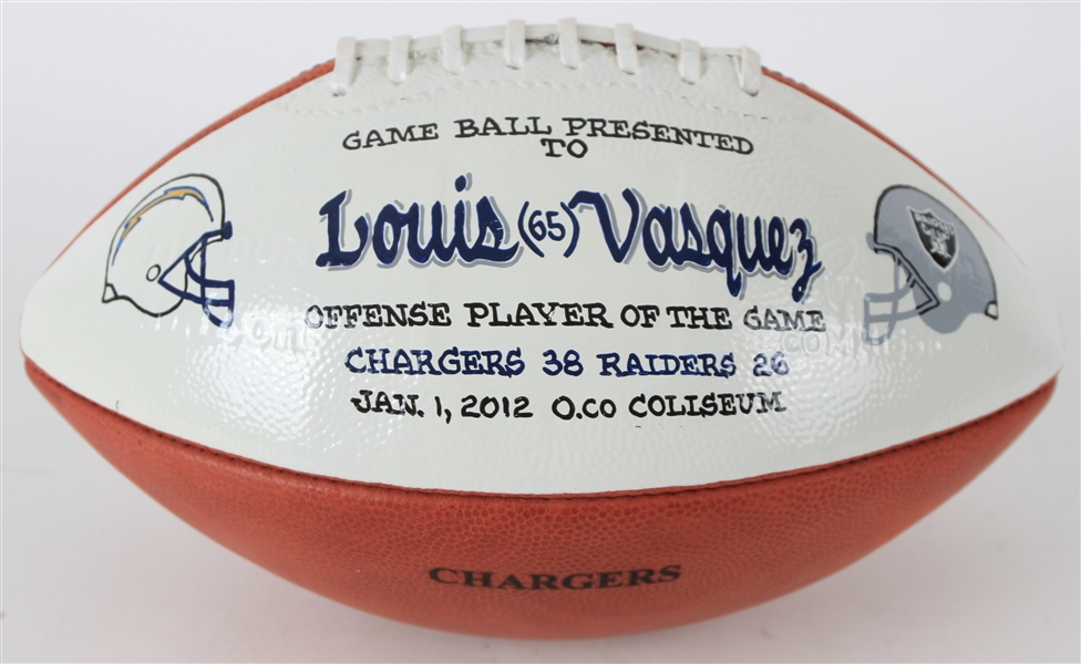 2012 Louis Vasquez San Diego Chargers Game Used ONFL Goodell Presentation Football (MEARS LOA)