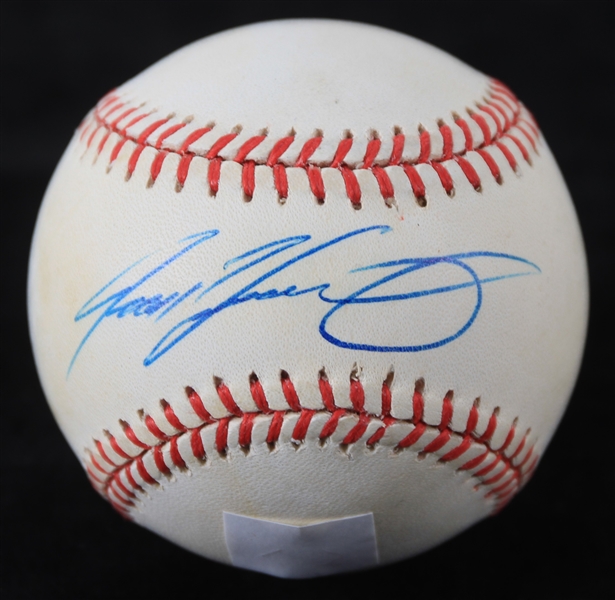 1995-99 Ivan Rodriguez Texas Rangers Signed OAL Budig Baseball (JSA)