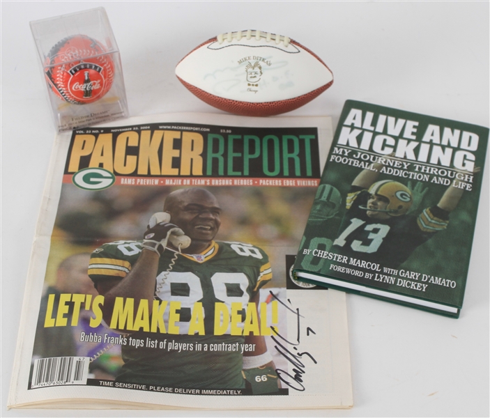 1990s-2000s Football Memorabilia - Lot of 3 w/ Mike Ditka Signed Mini Ball, Chestor Marcol Signed Book & Don Majkowski Signed Packer Report (JSA)