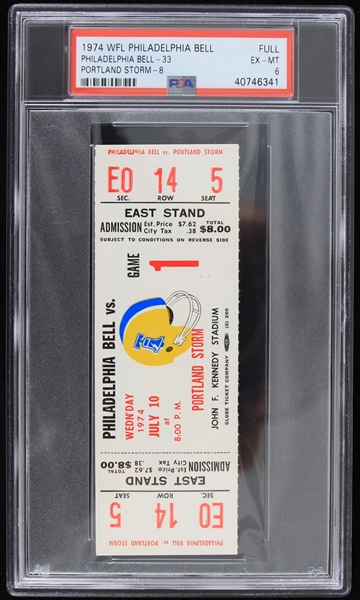 1974 WFL Philadelphia Bell vs Portland Storm Full Ticket (PSA EX-MT 6)