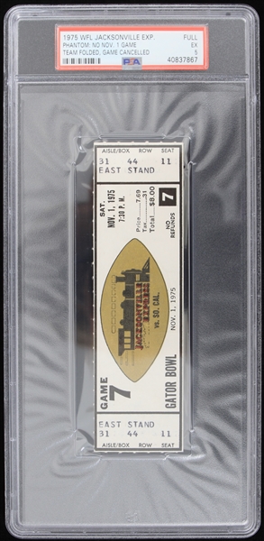 1975 WFL Jacksonville Express Team Folded Game Cancelled Phantom Full Ticket (PSA EX 5) 