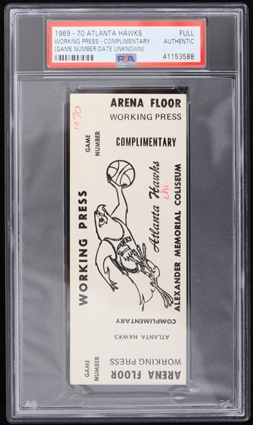1969 Atlanta Hawks Complimentary Working Press Full Ticket (PSA Slabbed)