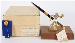 1968 Rare Milwaukee Bucks Memorabilia - Lot of 2 w/ Basketball Dribbler Desk Set and Lapel Pin 1:1