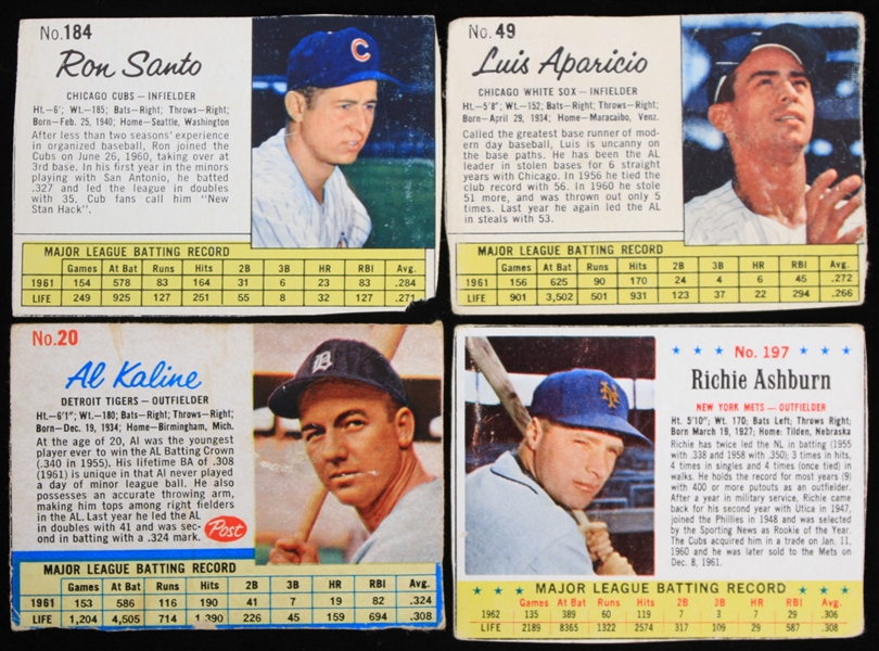 1962-63 Al Kaline Ron Santo Luis Aparicio Richie Ashburn Post Cereal Baseball Trading Cards - Lot of 4