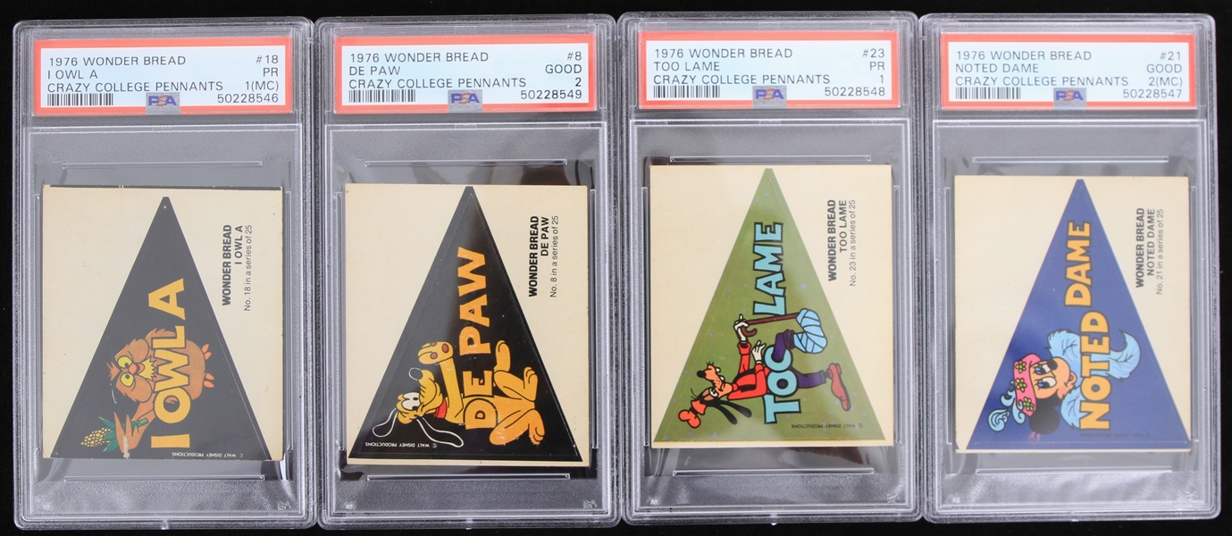 1976 Wonder Bread Too Lame, I Owl A, Noted Dame, & De Paw 2.5 x 3 Crazy College Pennants (PSA Slabbed)