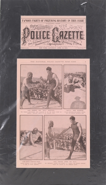 1921 Jack Dempsey Bull Montana National Police Gazette 16" x 26" Matted Display