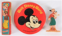 1970s-80s Walt Disney World 3" Pinback Button w/ Popeye Lighter & Olive Oyl Figurine