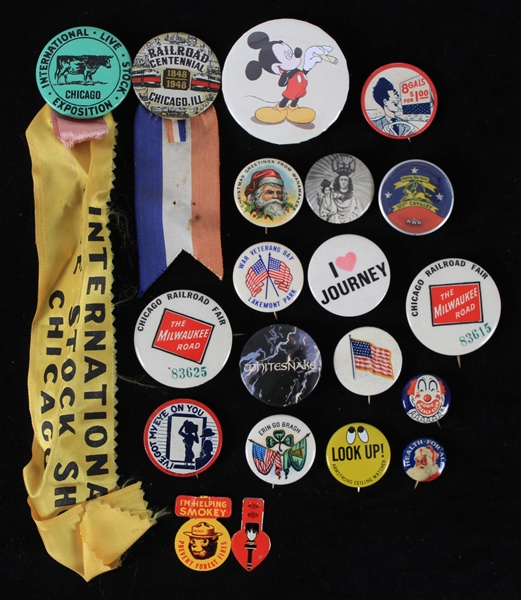 1940s-80s Pinback Buttons Including Chicago Railroad Centennial, Health for All, Chicago Exposition and more (Lot of 20)