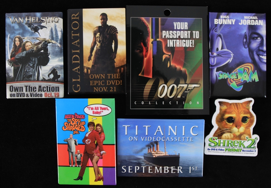 1990s-2000s Movie Pinback Button Collection - Lot of 7 w/ Space Jam, Titanic, James Bond & More