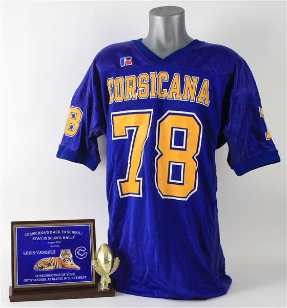 2016 Louis Vasquez Corsicana High School Jersey & Plaque of Recognition - Lot of 2 (MEARS LOA)