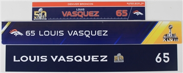 2014-16 Louis Vasquez Denver Broncos Super Bowl XLVIII & 50 Locker Room Nameplates - Lot of 3 (MEARS LOA)