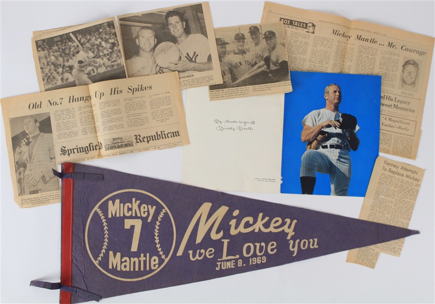 1969 Mickey Mantle New York Yankees 29" Full Size Mickey We Love You Pennant & A Day to Remember Program w/ Newspaper Clippings