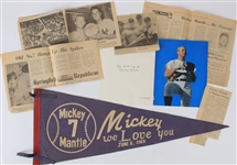 1969 Mickey Mantle New York Yankees 29" Full Size Mickey We Love You Pennant & A Day to Remember Program w/ Newspaper Clippings