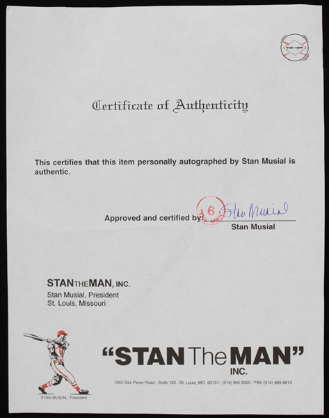 1990s Stan Musial St. Louis Cardinals Signed Stan The Man COA (JSA)