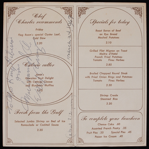 1967 Muhammad Ali World Heavyweight Champion Signed The Old Capitol Club Menu (JSA/Troy Kinunen Collection)