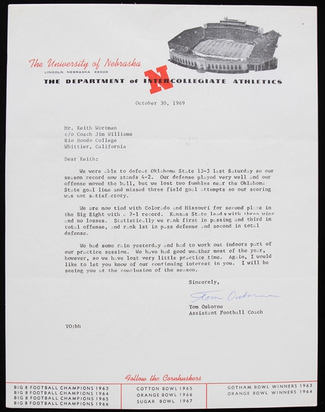 1969 Tom Osborne Nebraska Cornhuskers Signed Recruiting Letter to Keith Wortman (JSA)