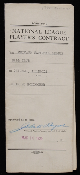 1920 Charlie Hollocher Chicago Cubs Signed National League Players Contract (JSA)