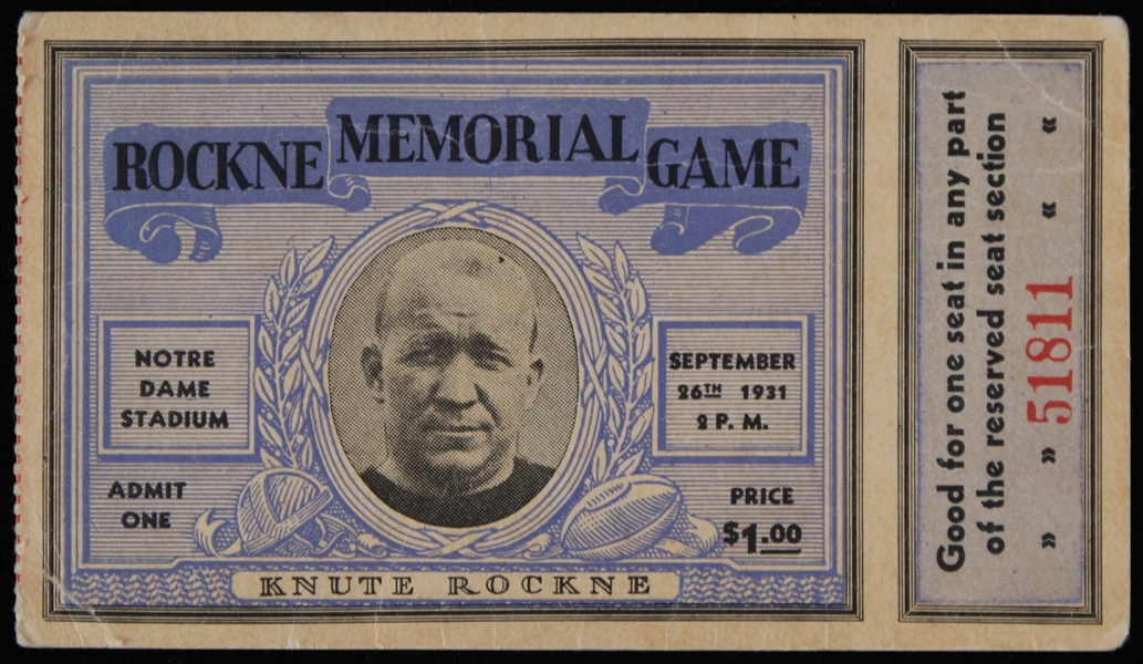 1931 Notre Dame Rockne Memorial Game Ticket Stub (Knute Rockne Image)