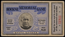 1931 Notre Dame Rockne Memorial Game Ticket Stub (Knute Rockne Image)