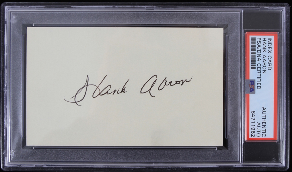 Hank Aaron (d. 2021) Milwaukee Braves Atlanta Braves Milwaukee Brewers Autographed Index Card (PSA Slabbed)