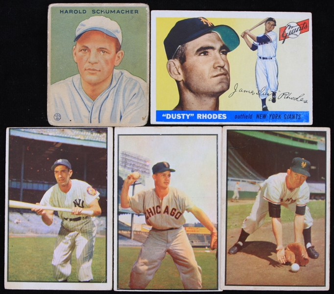 1933-1955 Baseball Trading Cards featuring Harold Schumacher New York Giants, Phil Rizzuto New York Yankees, and More (Lot of 5)