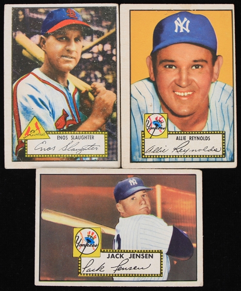 1952 Enos Slaughter St. Louis Cardinals Topps Trading Card #65, Allie Reynolds New York Yankees Topps Trading Card #67, and Jack Jensen New York Yankees Topps Trading Card #122 (Lot of 3)