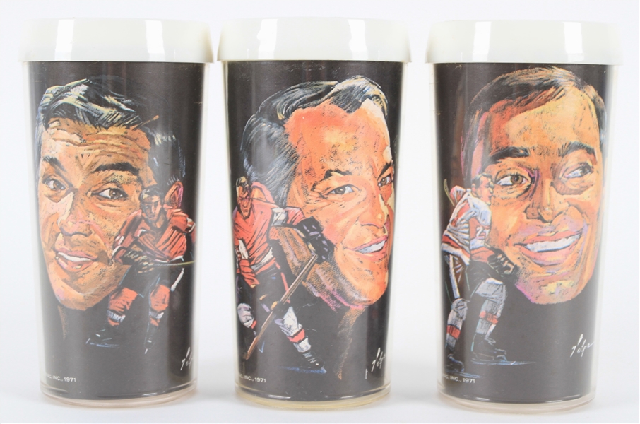 1971 Gordie Howe Alex Delvecchio Frank Mahovlich Detroit Red Wings Pro Star Portraits Drinking Cups - Lot of 3