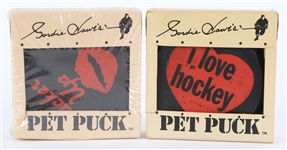 1980 Gordie Howes Detroit Red Wings MIB Pet Pucks - Lot of 2 w/ I Love Hockey & Pucker Up