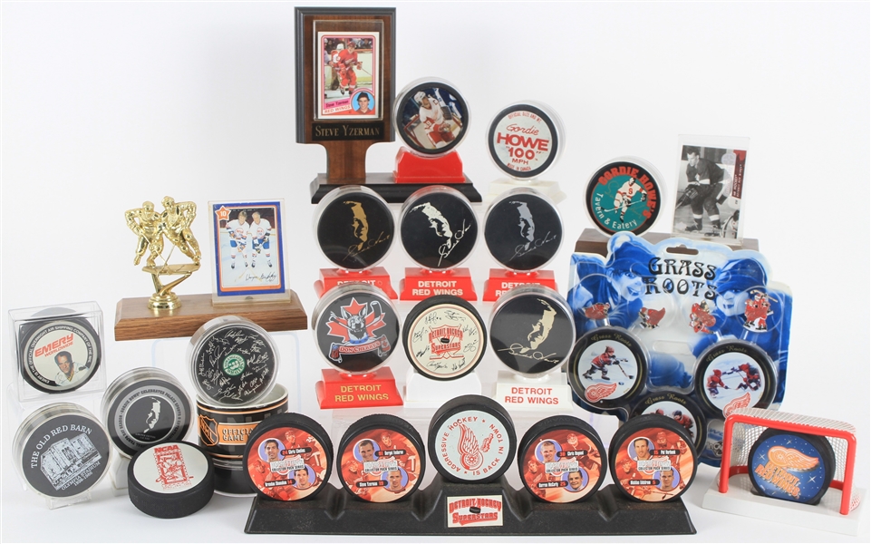1980s-2000s Hockey Puck Collection - Lot of 24 w/ Gordie Howe, Detroit Red Wings, New England Whalers & More