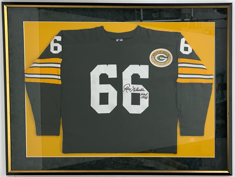 1990s Ray Nitschke Green Bay Packers Super Bowl I Signed Framed 35" x46" Throwback Jersey (JSA)