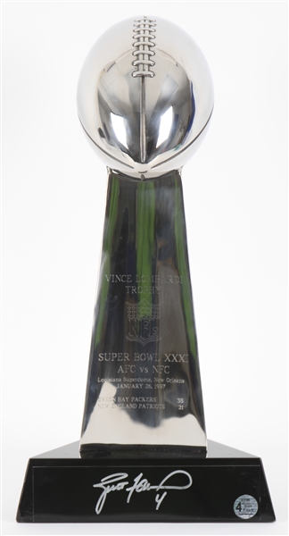 1997 Brett Favre Green Bay Packers Signed 9x17 Vince Lombardi Super Bowl XXXI Trophy (Brett Favre Hologram) 