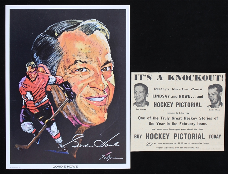 1971 Gordie Howe Detroit Red Wings Marathon Oil 8x10 Print and a Newspaper Clipping with Ted Lindsey and Gordie Howe (Lot of 2)