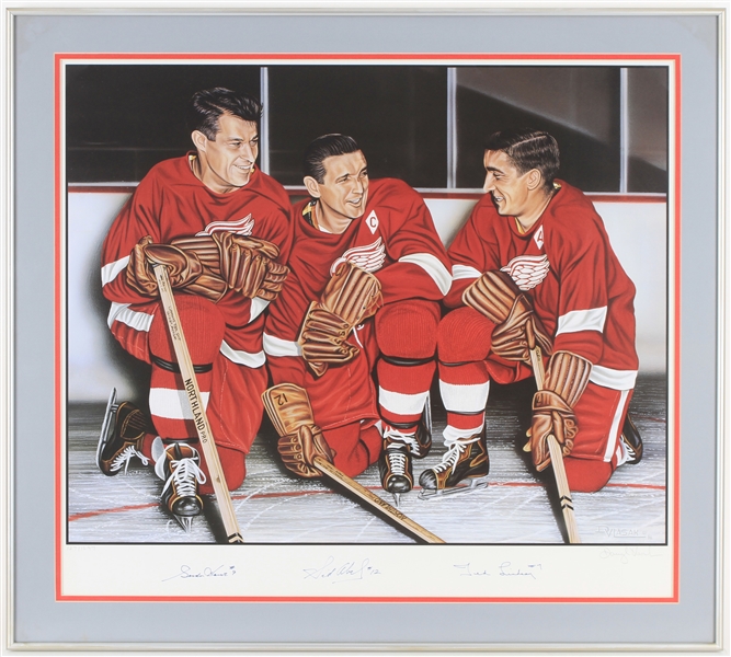 1998 Gordie Howe Sid Abel Ted Lindsay Detroit Red Wings Signed 29" x 33" Framed Lithograph (JSA)