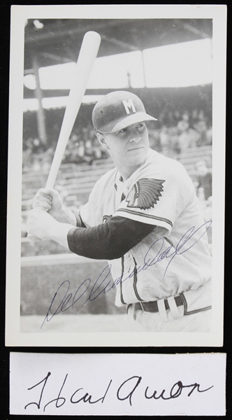 1953-1963 Del Crandell Milwaukee Braves Autographed 3x5 E.F Collins Black and White Photo and a Hank Aaron Cut Signature (Lot of 2)