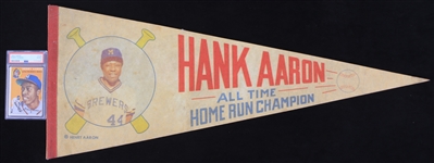 1954 Hank Aaron Milwaukee Braves Topps #128 Rookie Baseball Trading Card (PSA Slabbed Good 2) + 30 Full Size All Time Home Run Champion Pennant