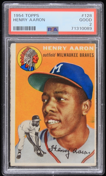 1954 Hank Aaron Milwaukee Braves Topps #128 Rookie Baseball Trading Card (PSA Slabbed Good 2) + 30" Full Size All Time Home Run Champion Pennant