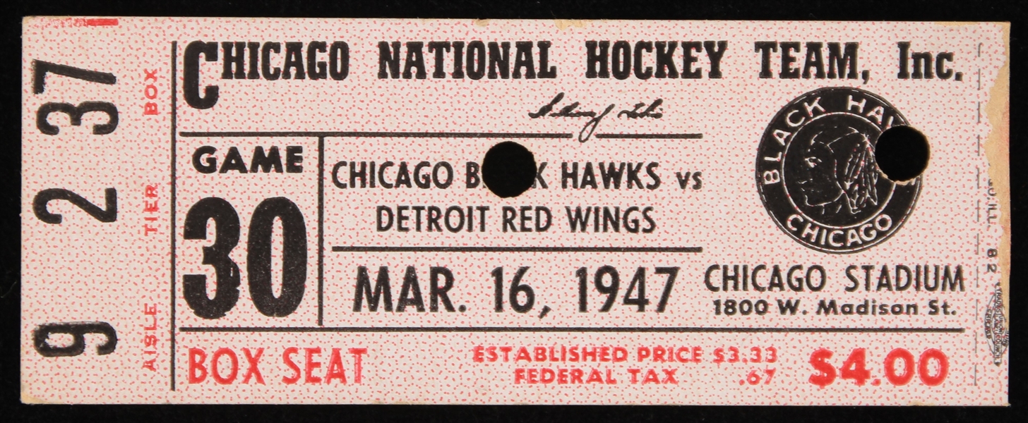1947 Chicago Blackhawks Detroit Red Wings Chicago Stadium Ticket Stub (Gordie Howes Rookie Season)