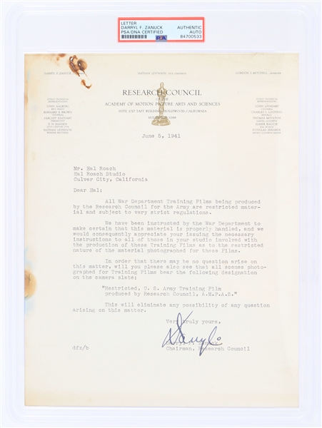 1941 Darryl F. Zanuck Golden Era Hollywood Producer Signed Letter on Academy of Motion Picture Arts & Sciences Letterhead (PSA Slabbed Authentic)