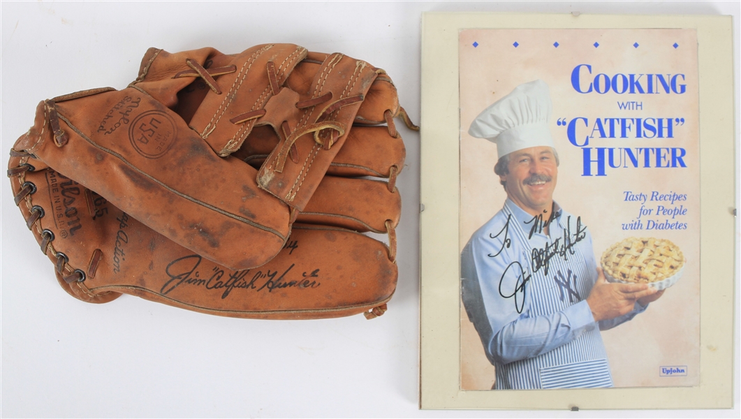 1960s-80s Jim "Catfish" Hunter Athletics/Yankees Player Endorsed Store Model Wilson Mitt & Signed Cookbook (JSA)