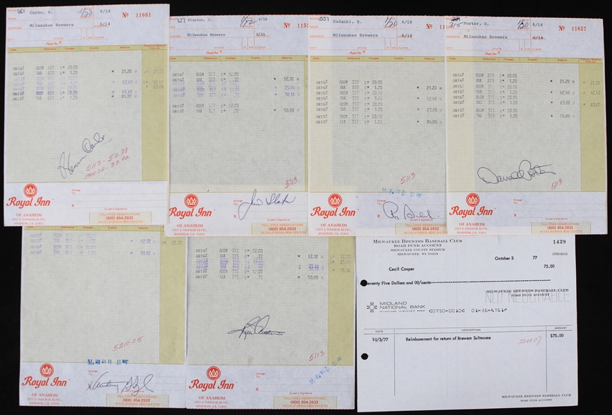 1976 Milwaukee Brewers Signed Royal Inn of Anaheim Hotel Invoices - Lot of 10 w/ Darrell Porter, Bernie Carbo & More (JSA)