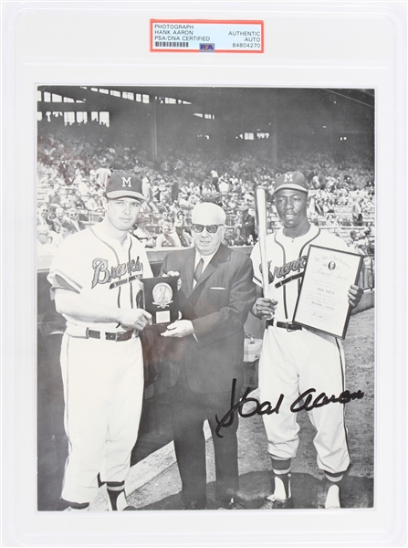 1959 Hank Aaron Milwaukee Braves Signed 8" x 10" Award Photo (PSA Slabbed Authentic)