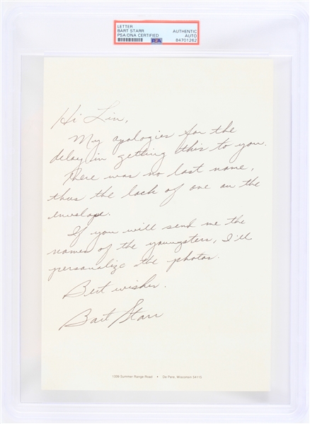 1970s Bart Starr Green Bay Packers Signed Correspondence on Personal Letterhead (PSA Slabbed Authentic)