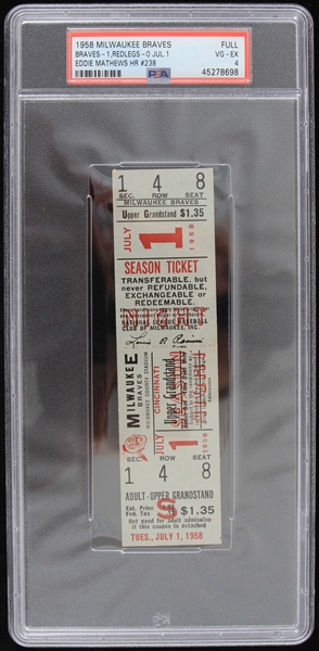 1958 Milwaukee Braves Cincinnati Reds Milwaukee County Stadium Full Ticket (PSA Slabbed VG-EX 4) Eddie Mathews Career HR #238