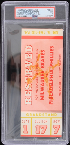 1963 Milwaukee Braves Philadelphia Phillies Milwaukee Sentinel Carriers Promo Ticket (PSA Slabbed NM 7)