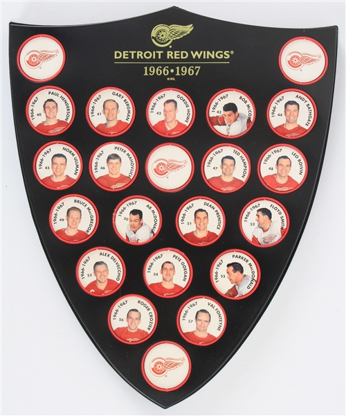 1966-67 Detroit Red Wings 9.5" x 11.5" Parkhurst Coin Display w/ 18 Players Including Gordie Howe, Alex Delvecchio, Dean Prentice & More