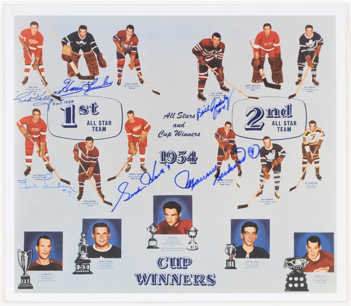 1954 NHL All Stars and Cup Winners Multi Signed 14" x 16" Laminated Photo w/ 6 Signatures Including Gordie Howe, Maurice Richard, Red Kelly & More (JSA)