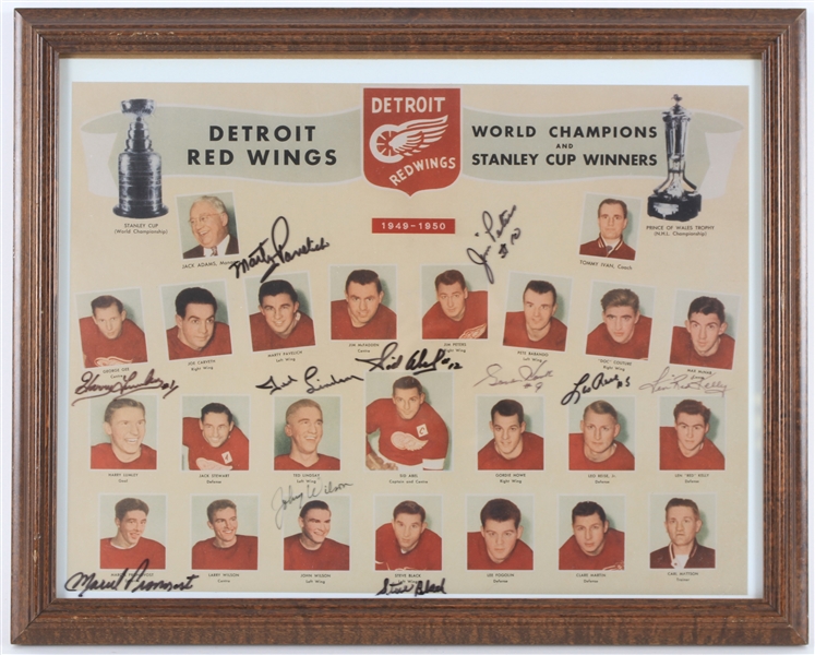 1949-50 Stanley Cup Champion Detroit Red Wings Multi Signed 16" x 20" Framed Team Photo w/ 11 Signatures Including Gordie Howe, Ted Lindsay, Sid Abel, Marcel Pronovost & More (JSA)