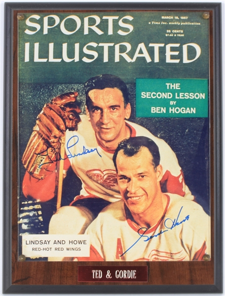 1957 Gordie Howe Ted Lindsay Detroit Red Wings Signed 9" x 12" Sports Illustrated Cover Page Display (JSA)